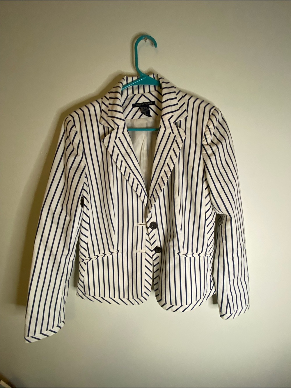 Boston Proper White Blazer with Navy Pinstripes